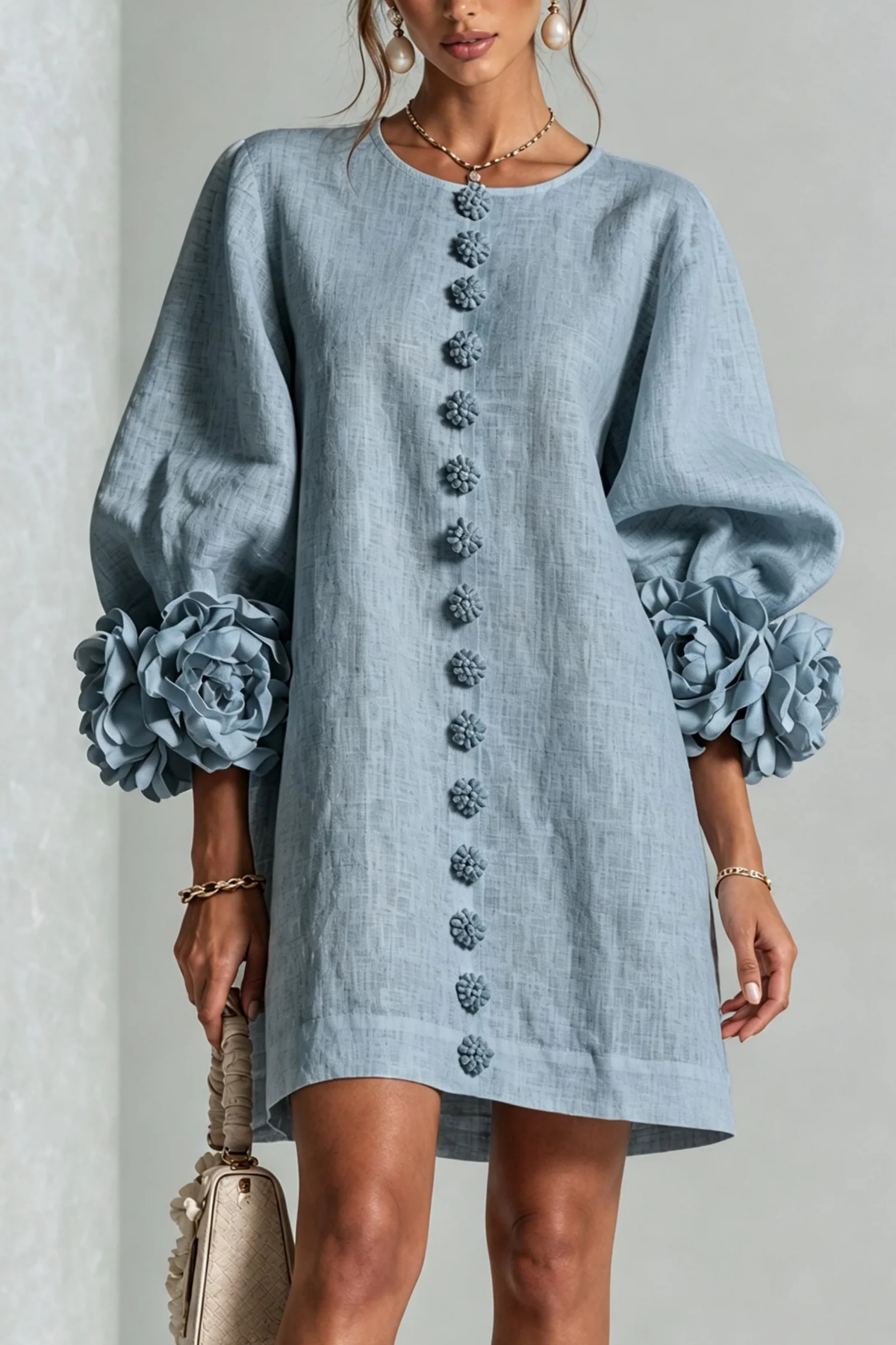 Button Detail Mini Dress Statement Sleeve Chic Style