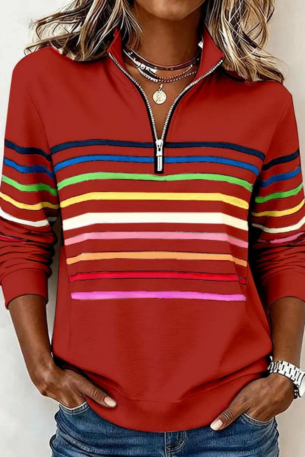 Quarter Zip Sweater Striped Casual Style