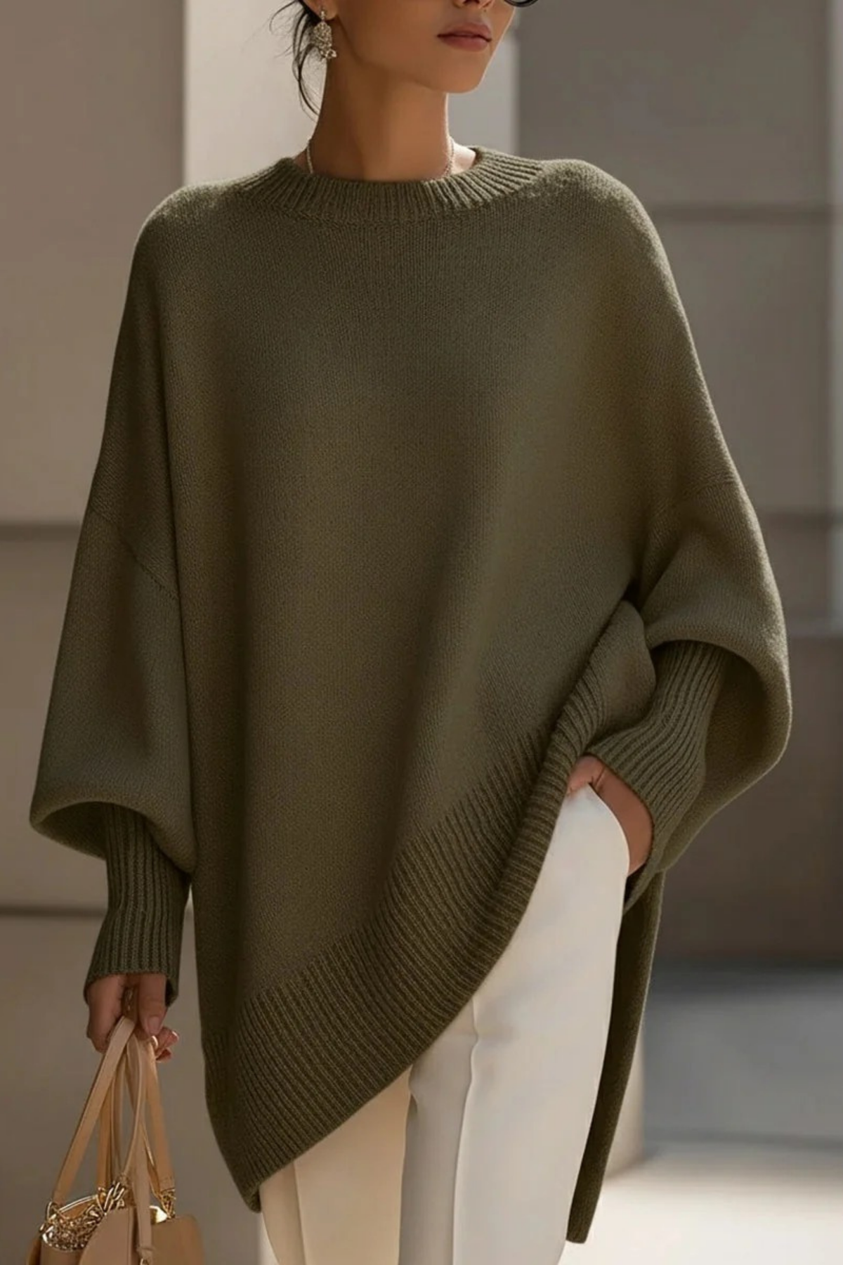 Oversized Knit Sweater Asymmetric Hem Elegant Style