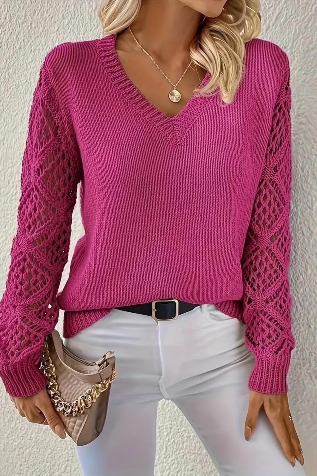 Women’s V-Neck Sweater Open Knit Sleeve Casual Style