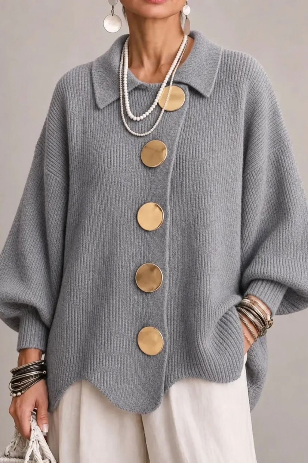 Oversized Cardigan Large Button Elegant Style