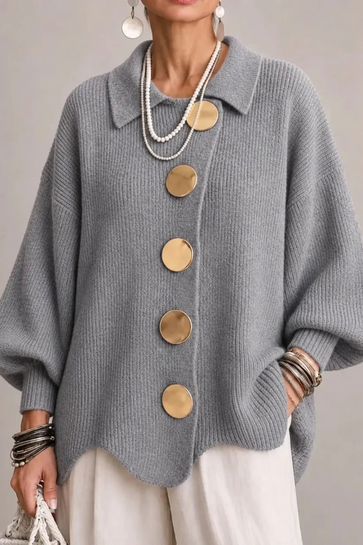 Oversized Cardigan Large Button Elegant Style