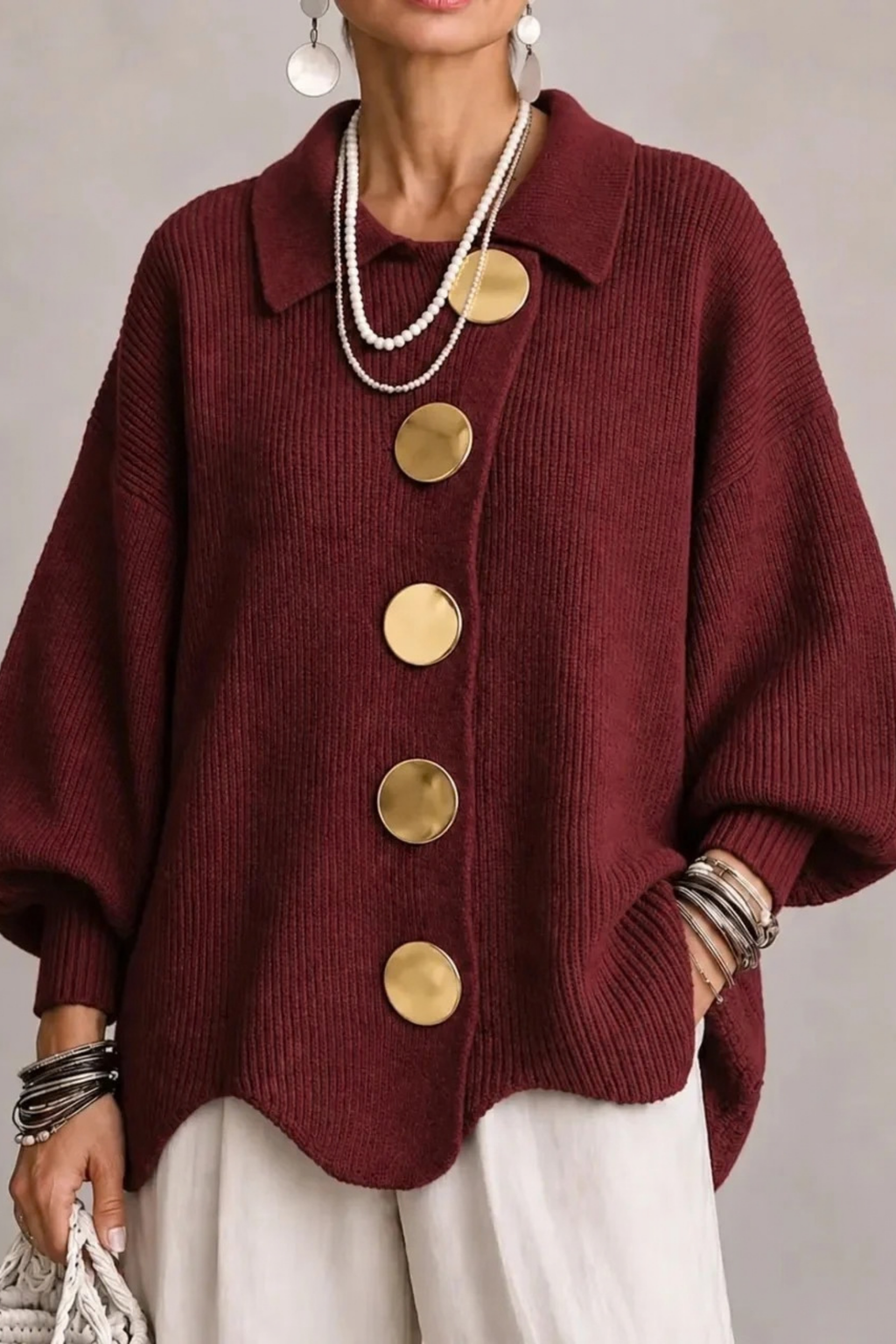 Oversized Cardigan Large Button Elegant Style