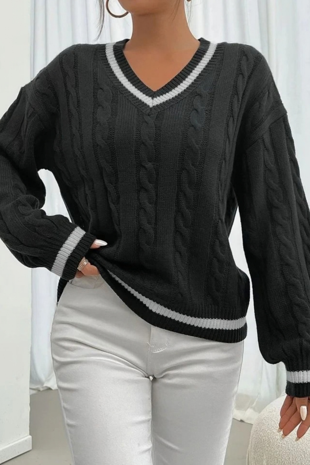 Women’s V-Neck Sweater Striped Trim Classic Style