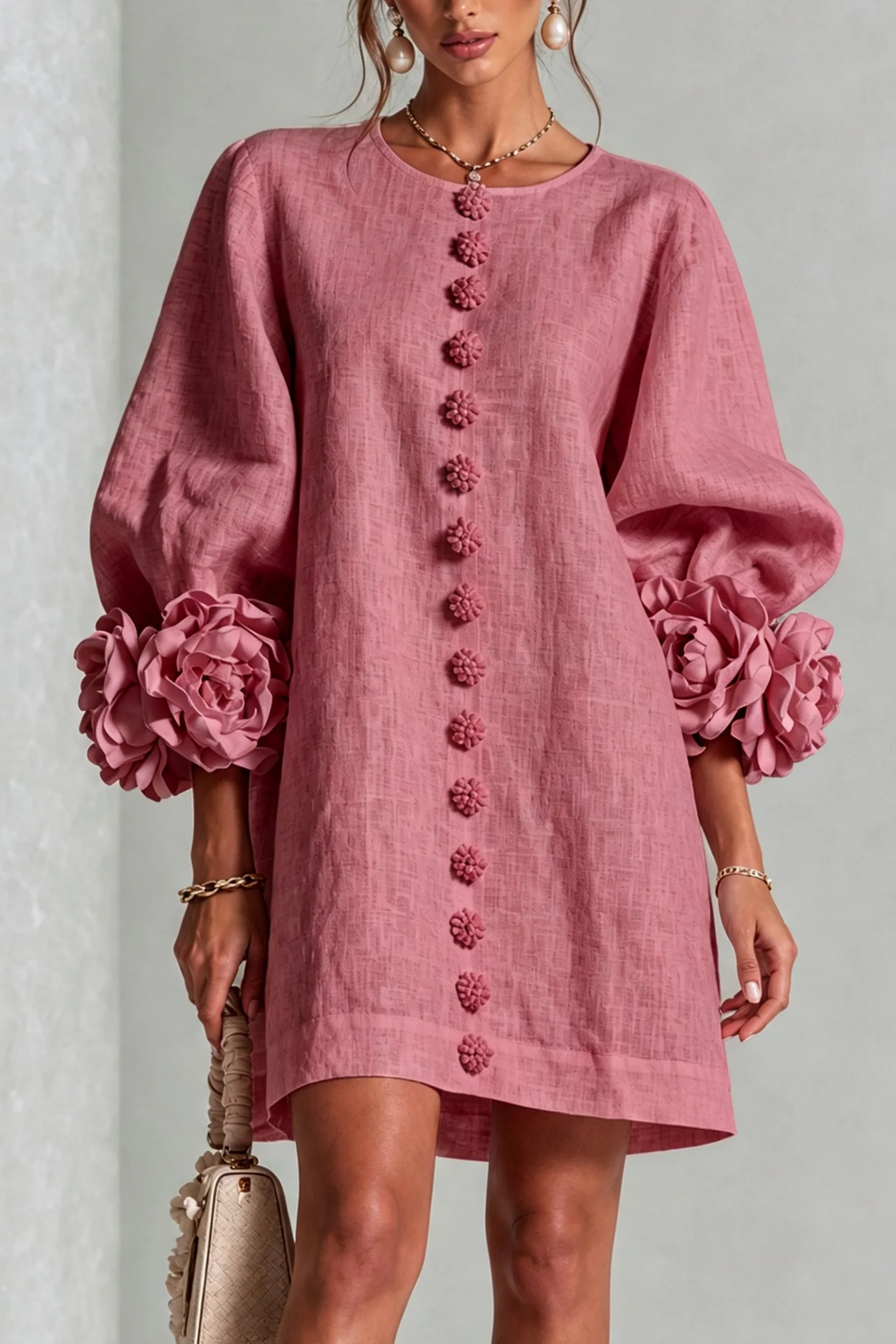 Button Detail Mini Dress Statement Sleeve Chic Style