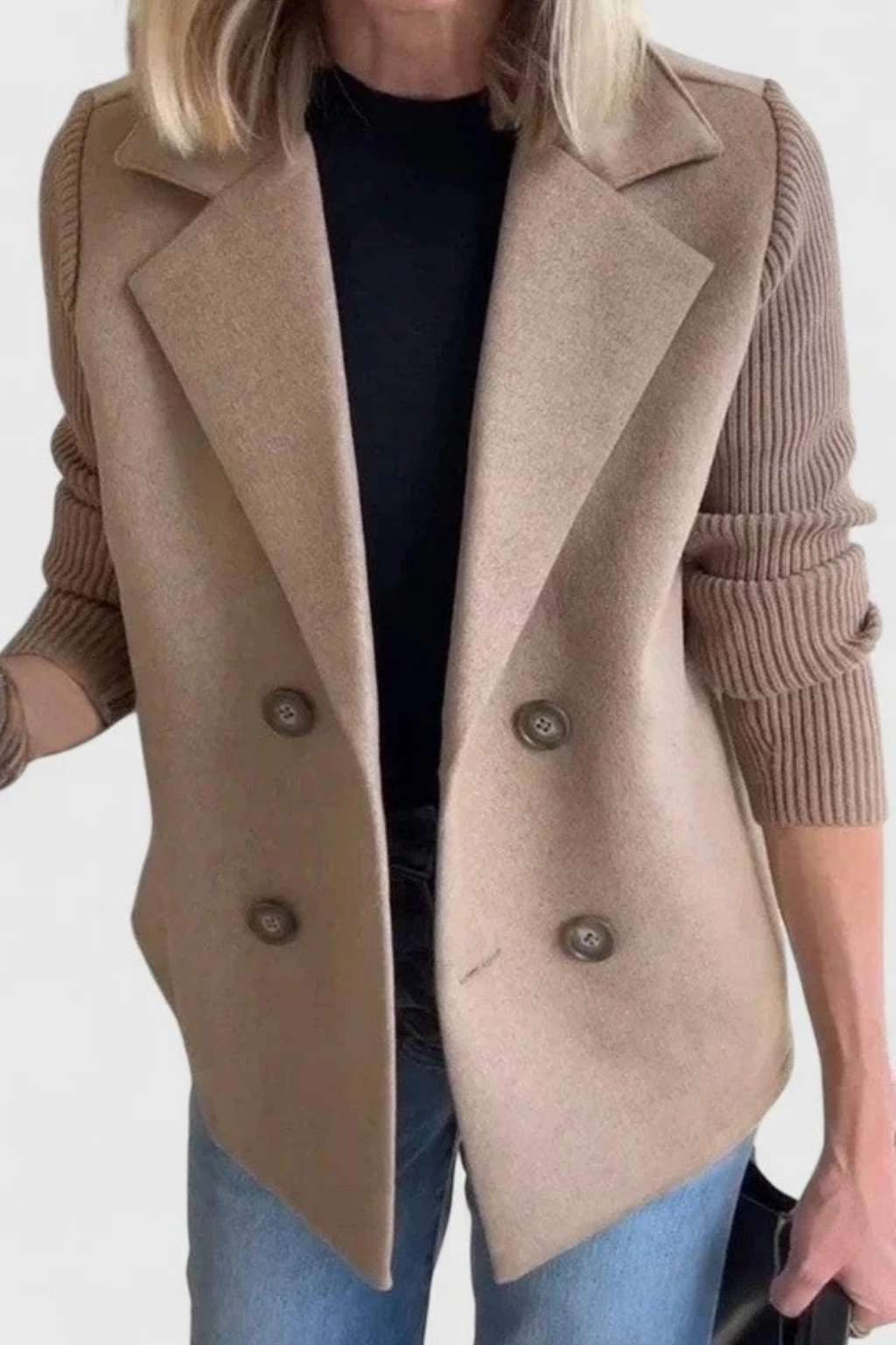 Double Breasted Blazer Knit Sleeve Elegant Style