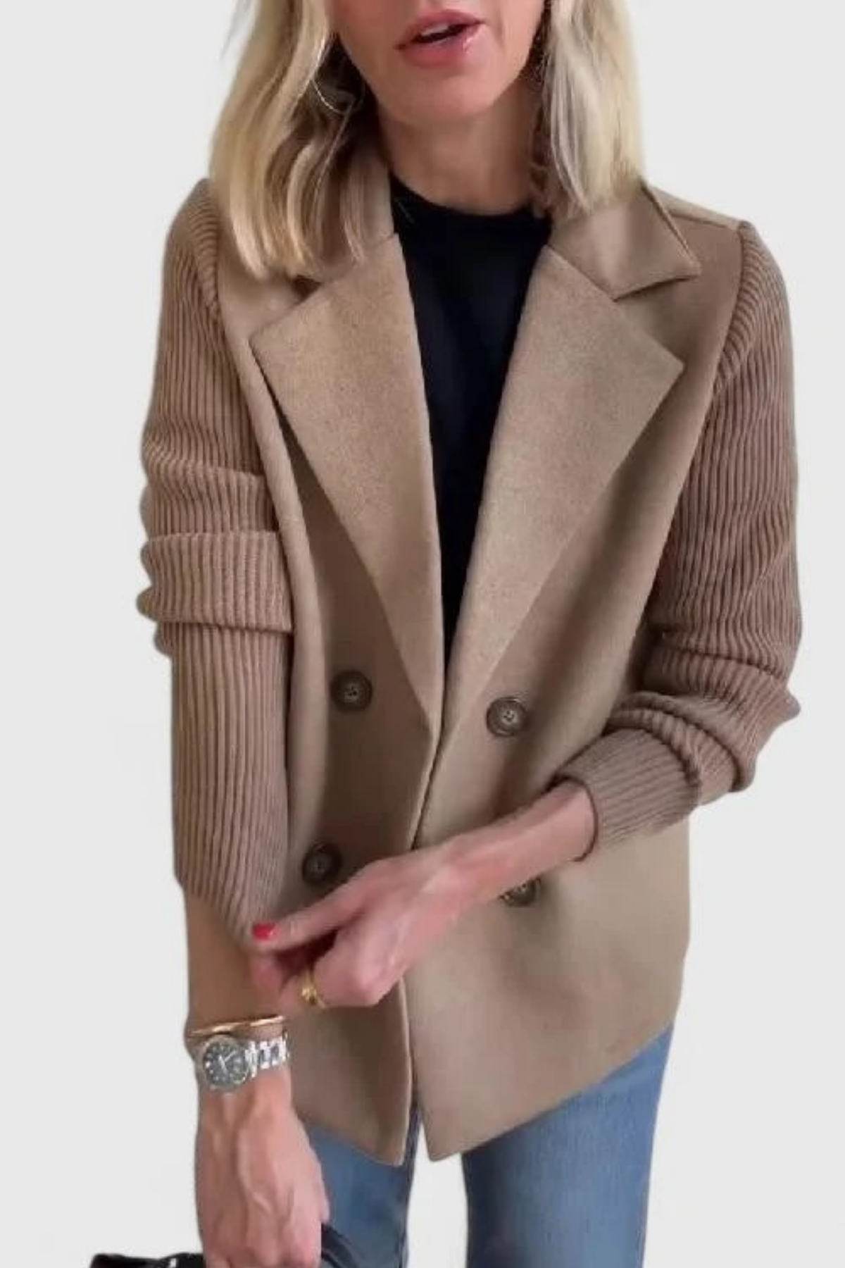 Double Breasted Blazer Knit Sleeve Elegant Style
