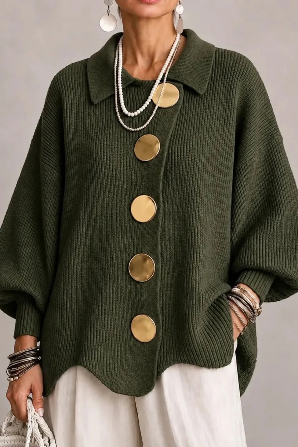 Oversized Cardigan Large Button Elegant Style