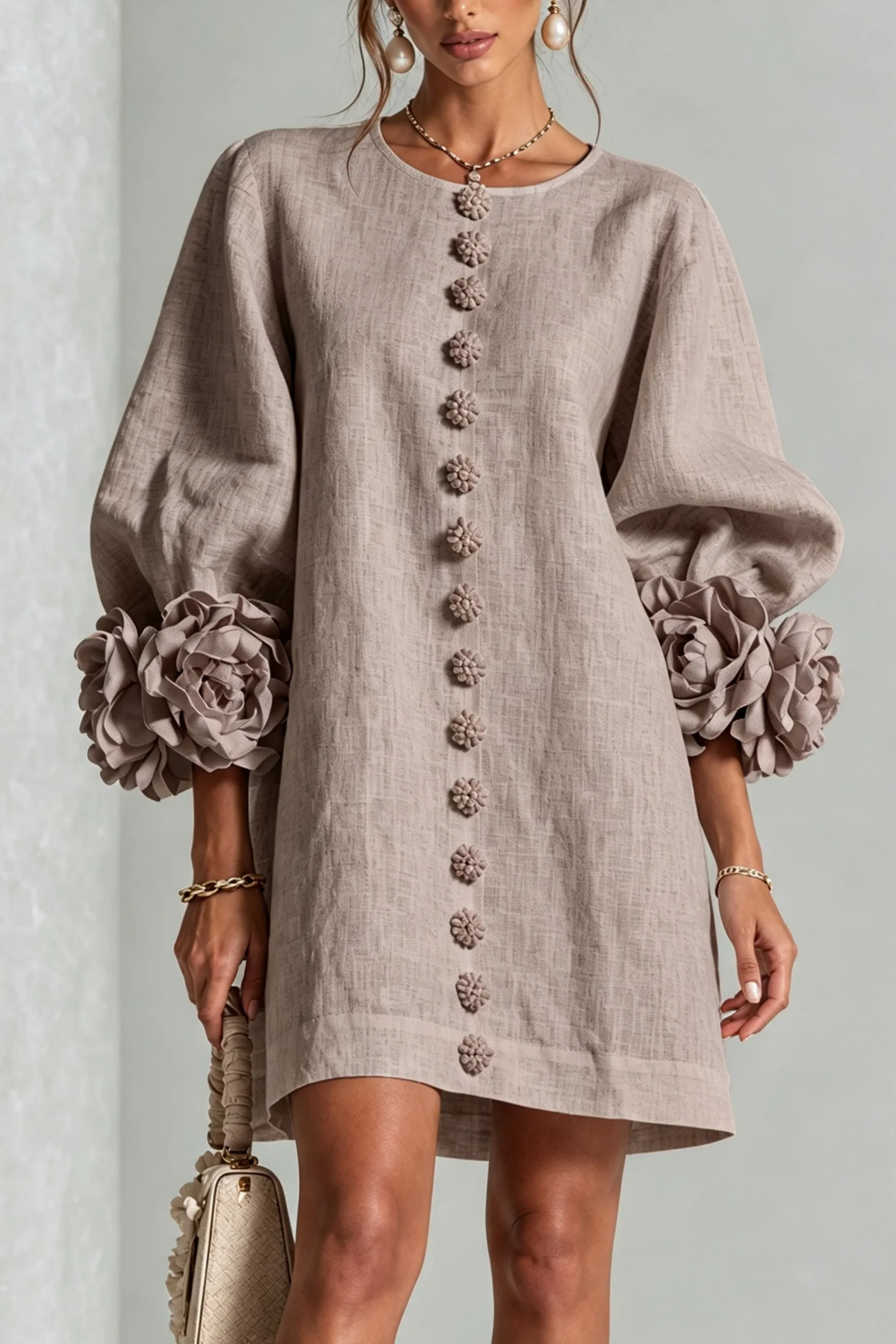 Button Detail Mini Dress Statement Sleeve Chic Style