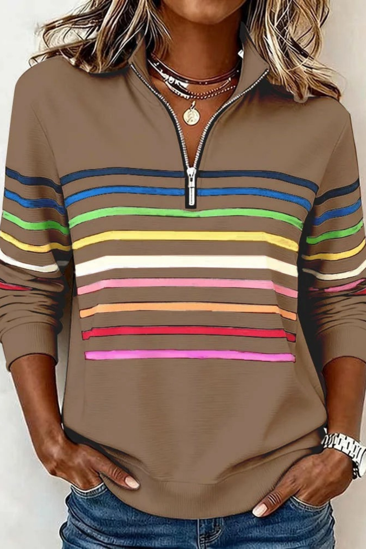 Quarter Zip Sweater Striped Casual Style