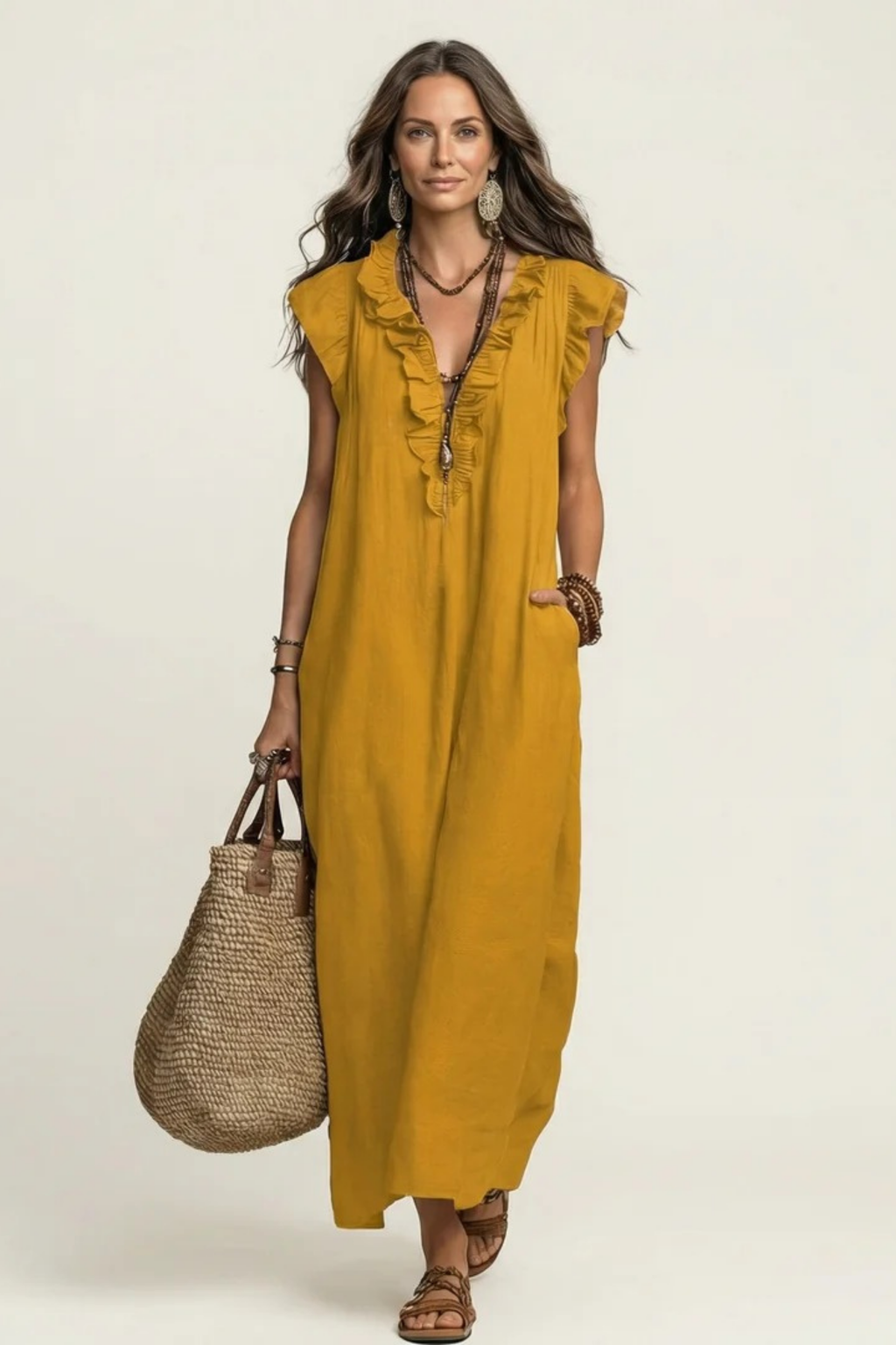 Maxi Dress Ruffle V Neck Relaxed Style