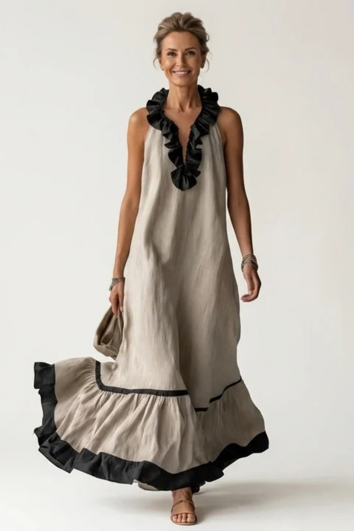 Maxi Dress Ruffle Neck Flowy Bohemian Style