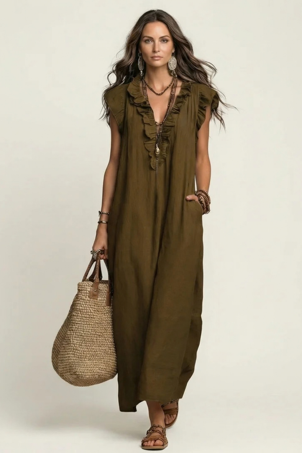 Maxi Dress Ruffle V Neck Relaxed Style