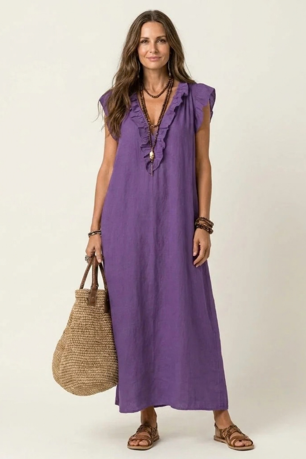 Maxi Dress Ruffle V Neck Relaxed Style