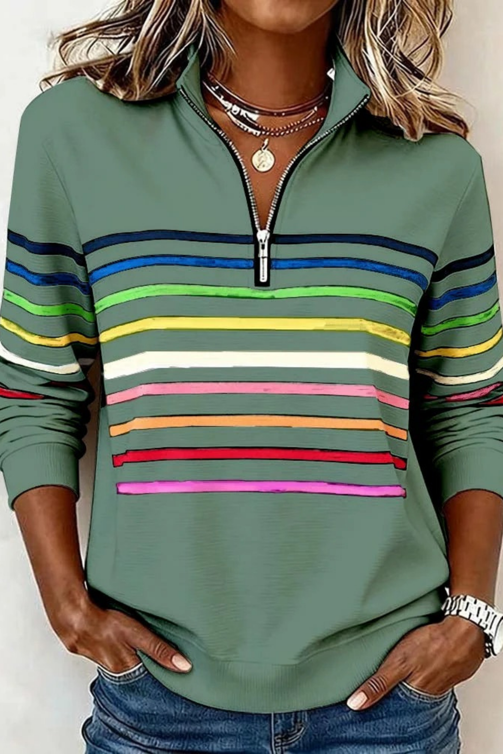 Quarter Zip Sweater Striped Casual Style