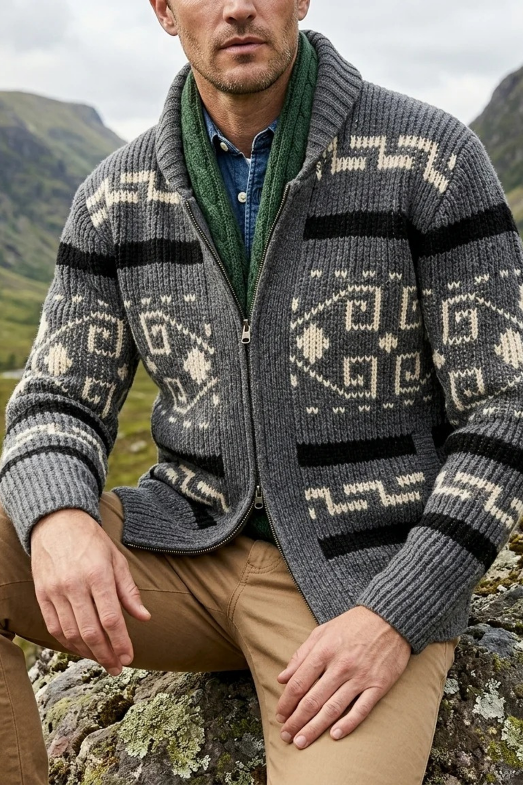 Patterned Zip Up Knit Cardigan Outdoor Casual Style