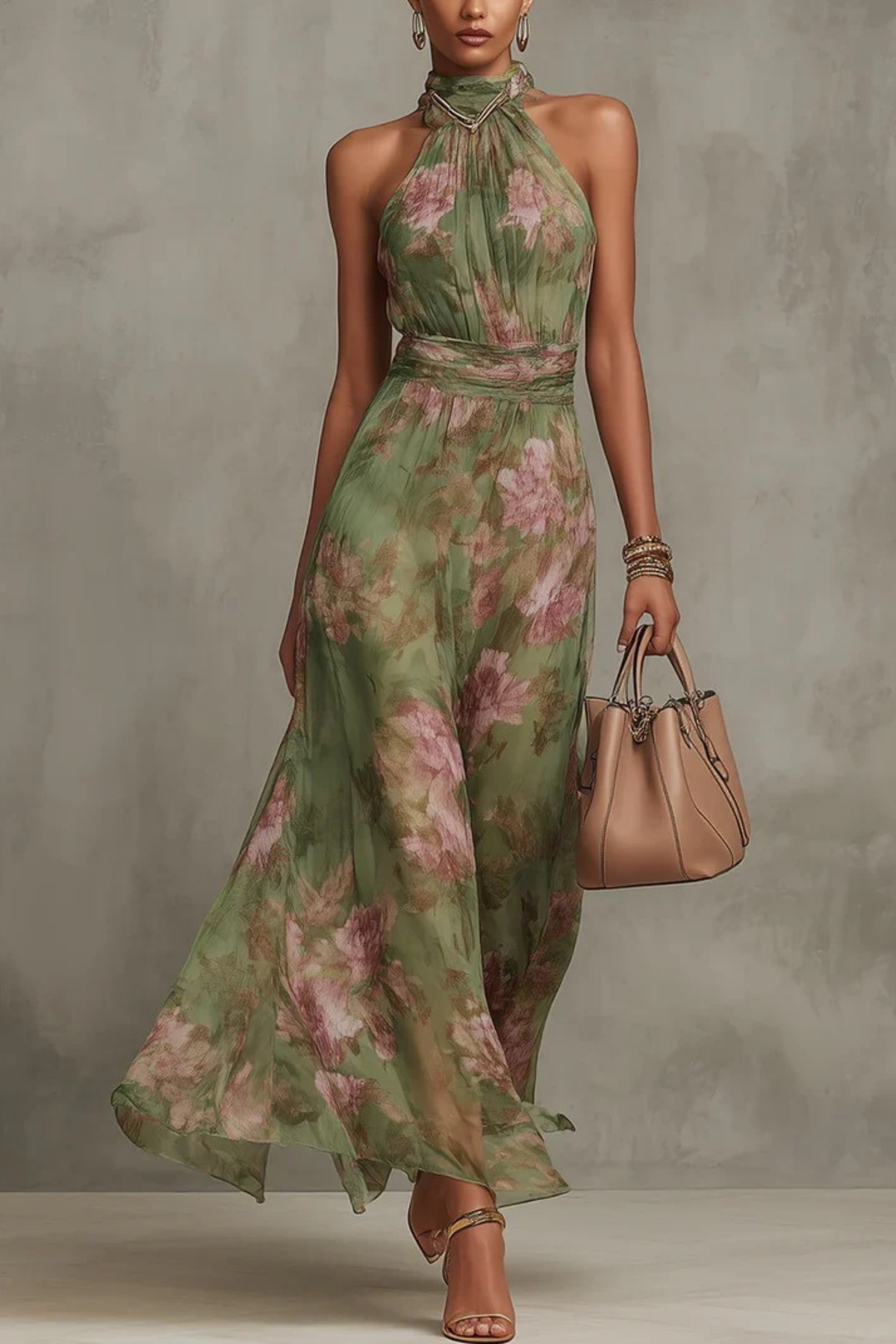 Floral Halter Maxi Dress Elegant Feminine Style