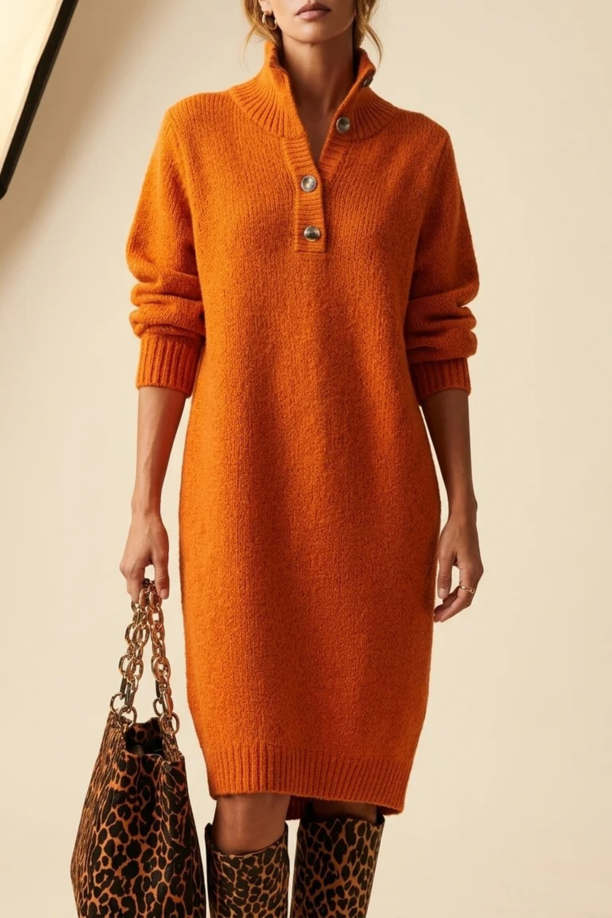 Women’s Midi Sweater Dress Button Collar Elegant Style