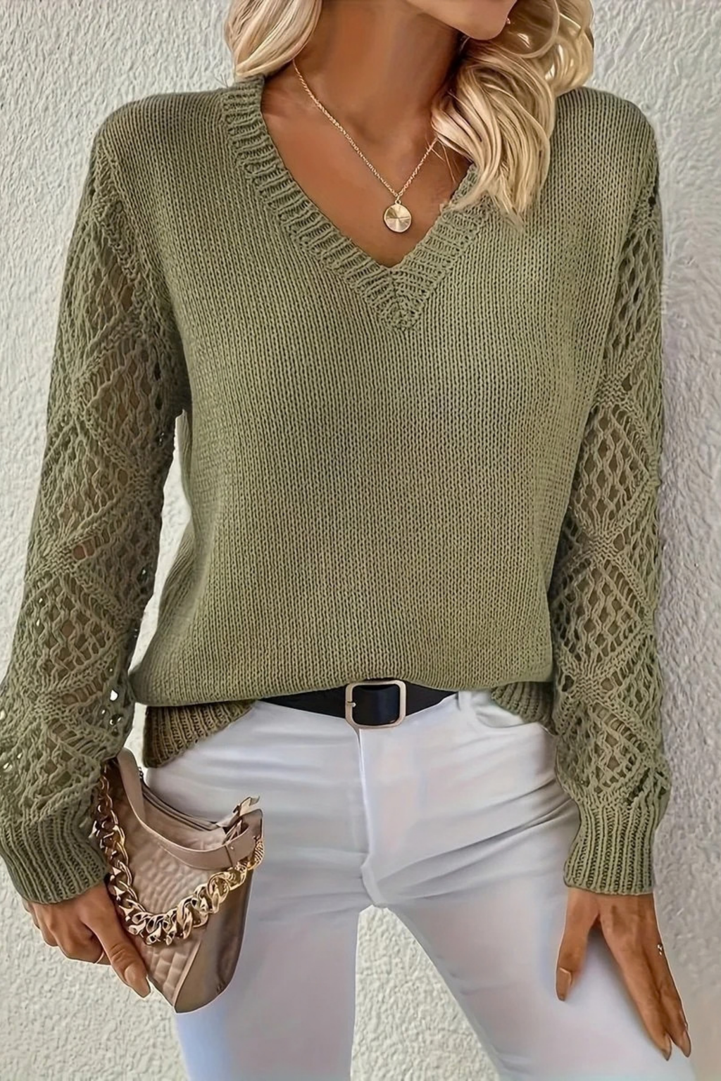 Women’s V-Neck Sweater Open Knit Sleeve Casual Style