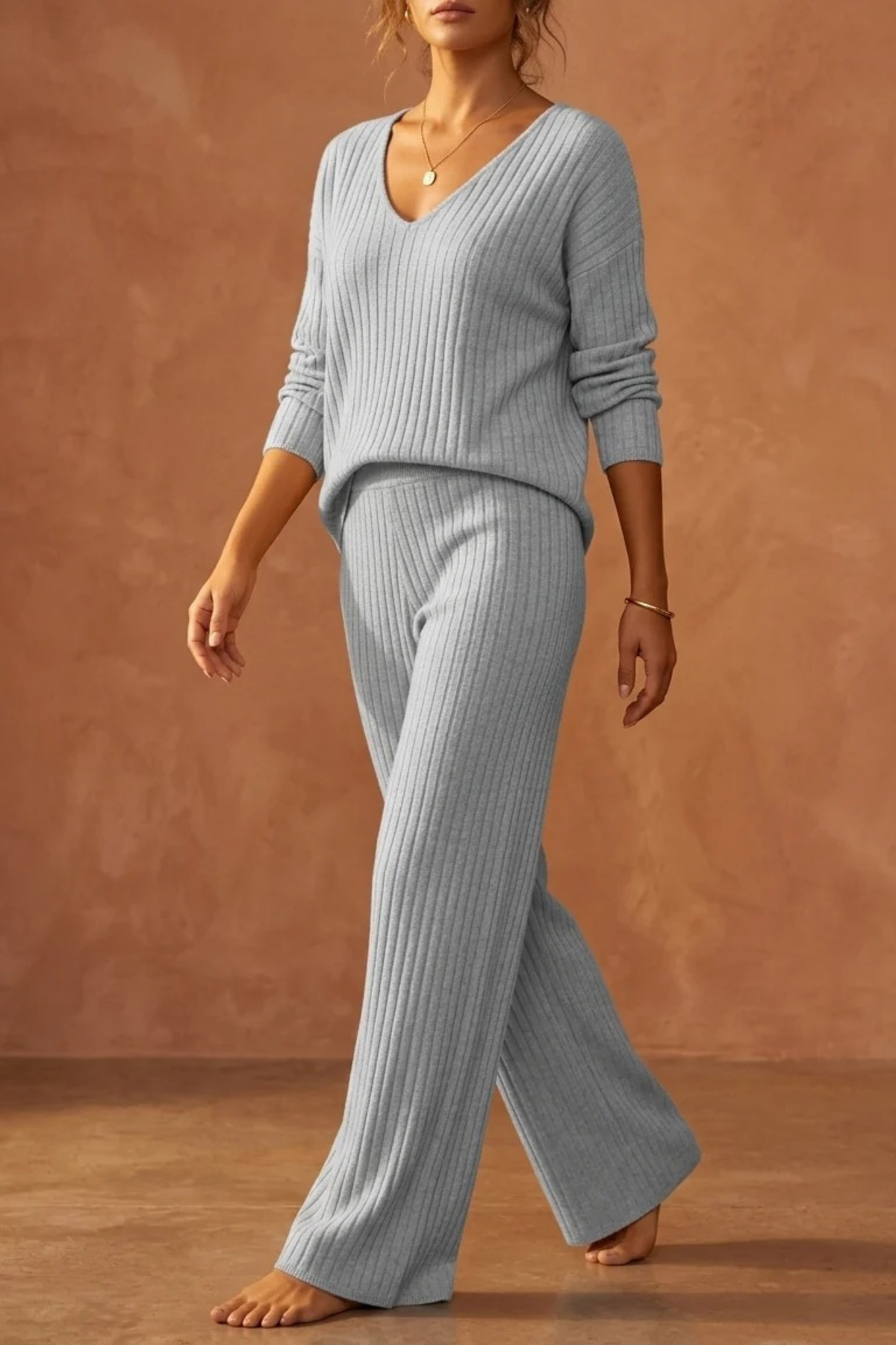 Women’s Ribbed Pajama Set V-Neck Relaxed Style