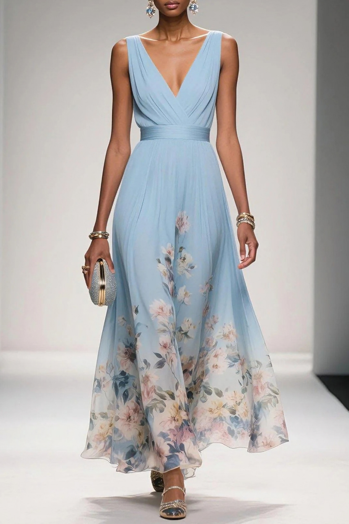 Maxi Wedding Guest Dress Floral V-Neck Elegant Style