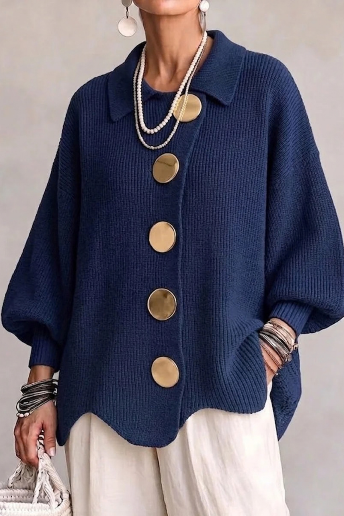 Oversized Cardigan Large Button Elegant Style