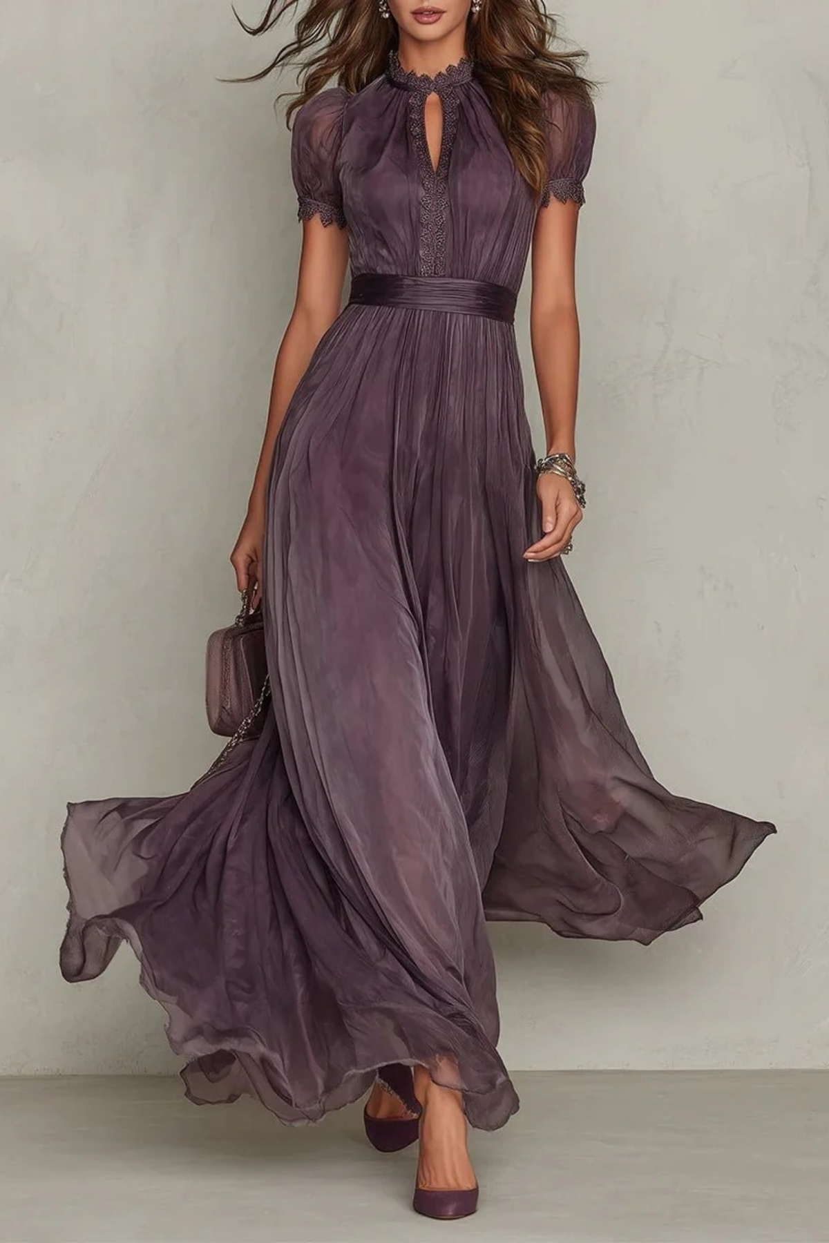 Maxi Dress Lace Trim Chiffon Elegant Style