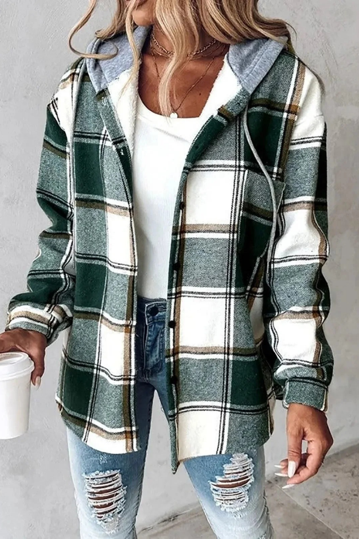 Plaid Hooded Jacket Button Front Casual Style