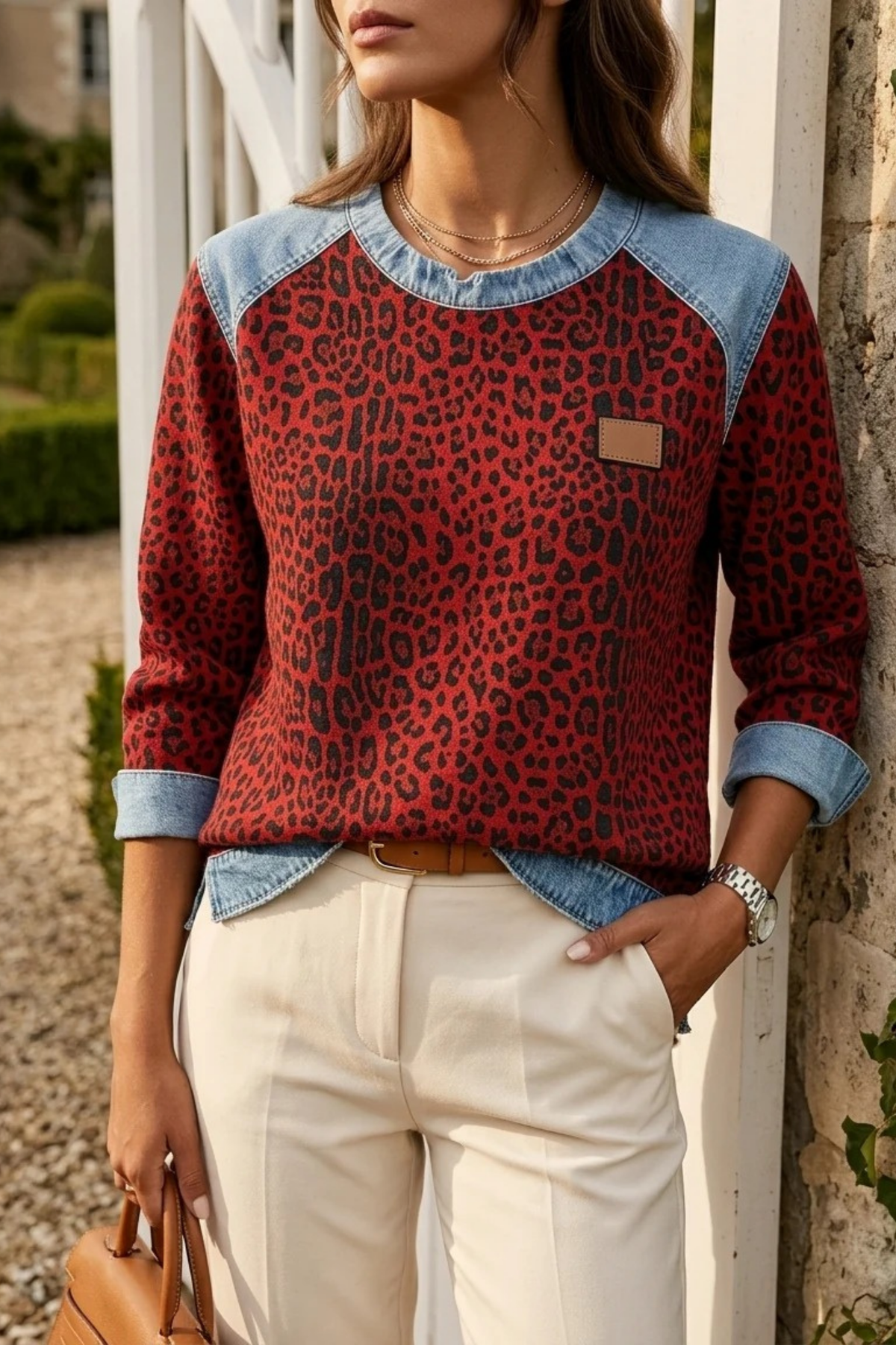 Women’s Leopard Print Sweatshirt Denim Trim Casual Style