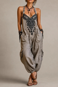 Embroidered Jumpsuit Pocket Detail Boho Style