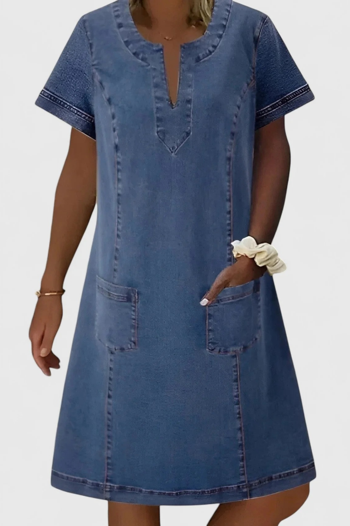 Denim Mini Dress Pocket Detail Casual Style