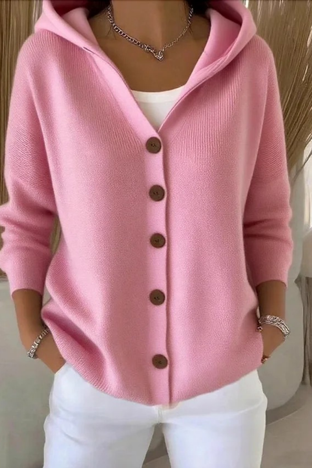 Hooded Cardigan Button Front Relaxed Casual Style