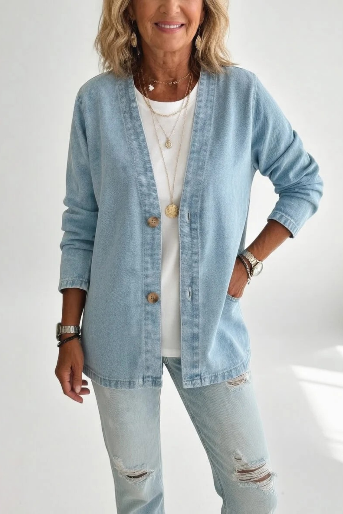 V-Neck Denim Jacket Button Detail Everyday Style