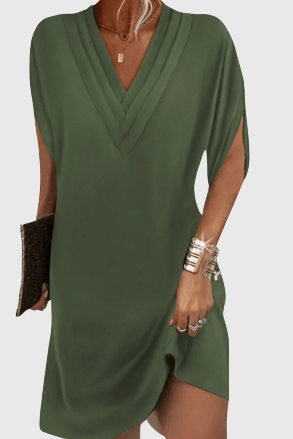 V-Neck Shift Midi Dress Modern Casual Style