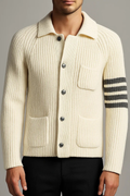 Ribbed Knit Cardigan with Striped Sleeve Classic Style