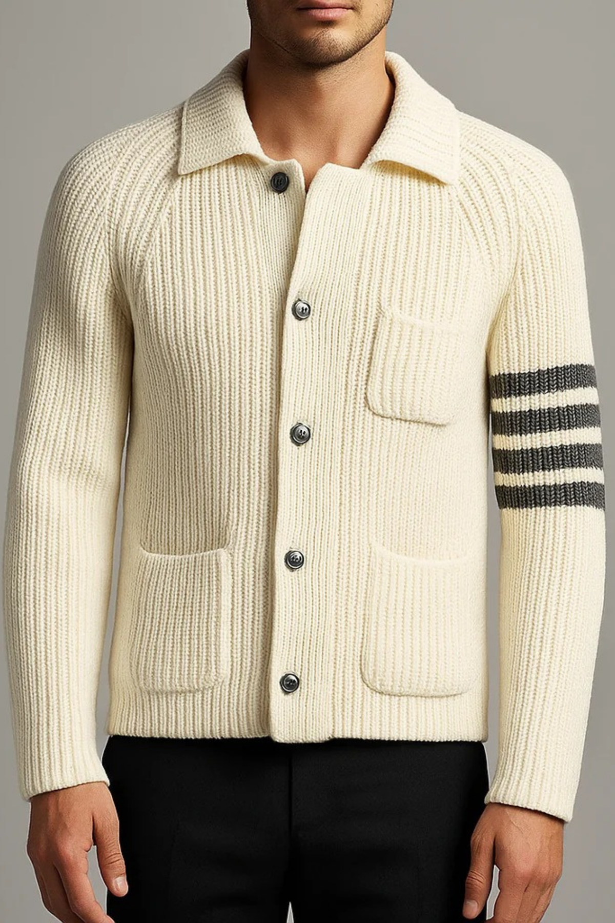 Ribbed Knit Cardigan with Striped Sleeve Classic Style