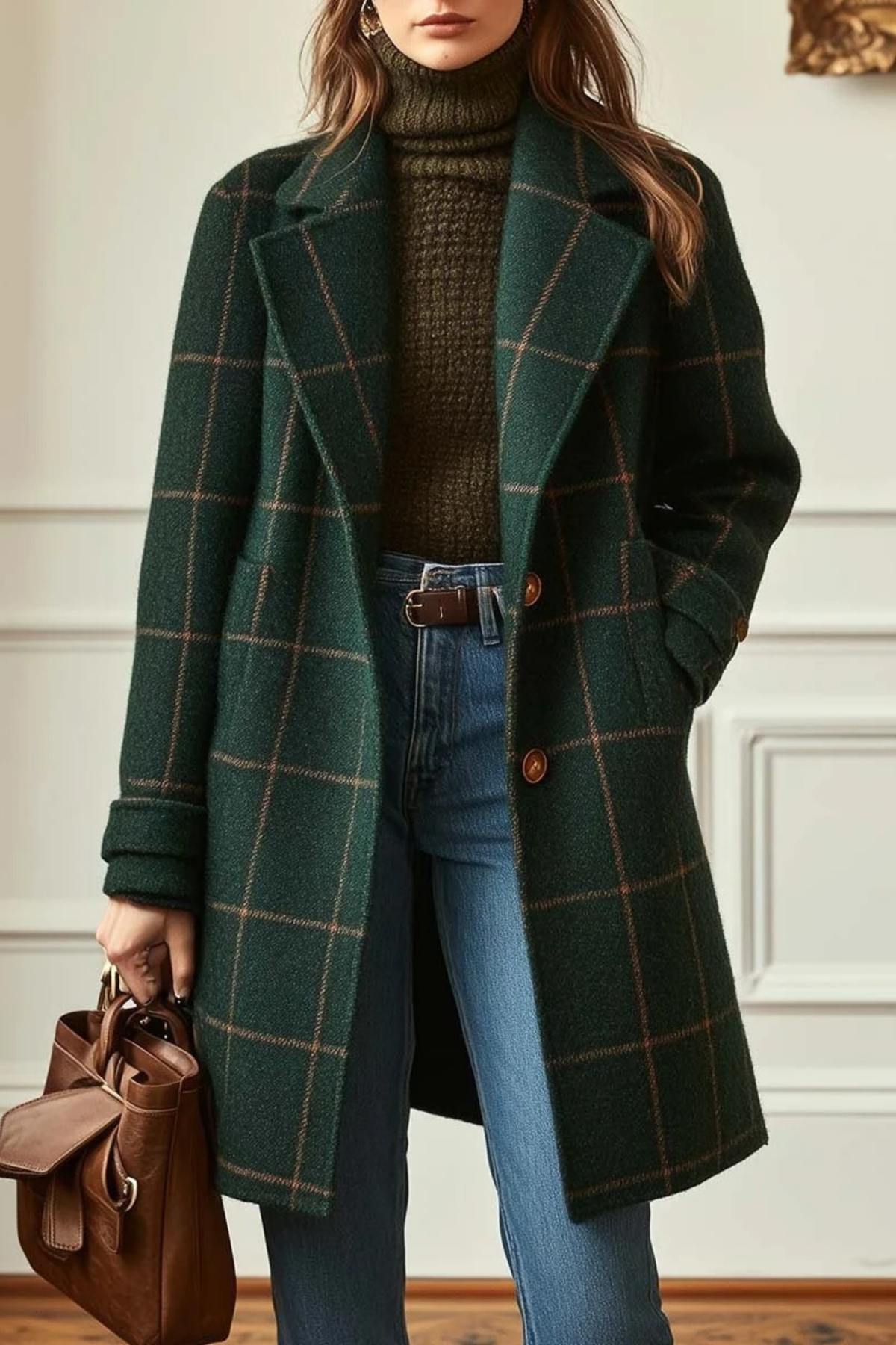 Plaid Longline Coat Button Front Classic Style