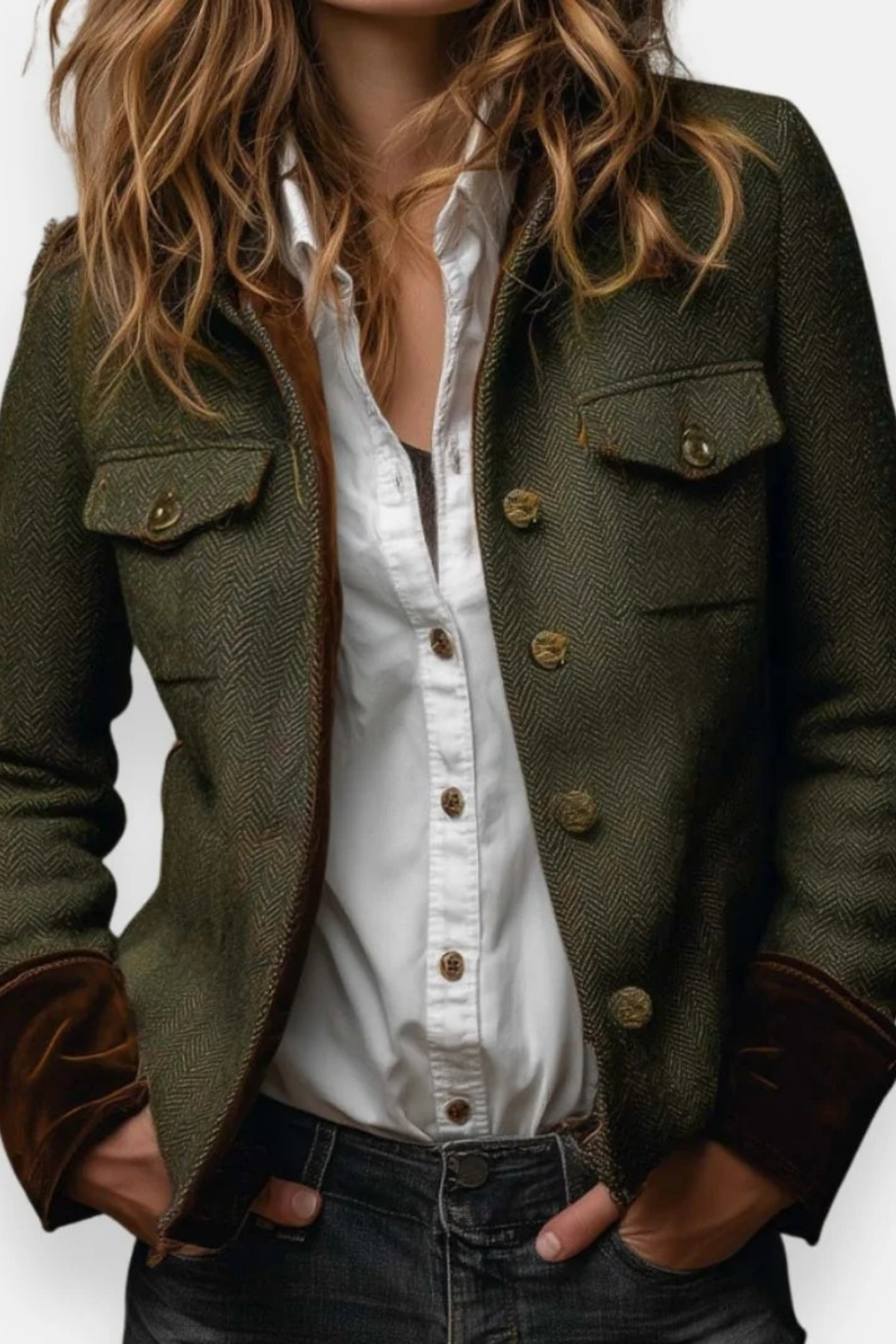 Herringbone Jacket Button Front Heritage Style