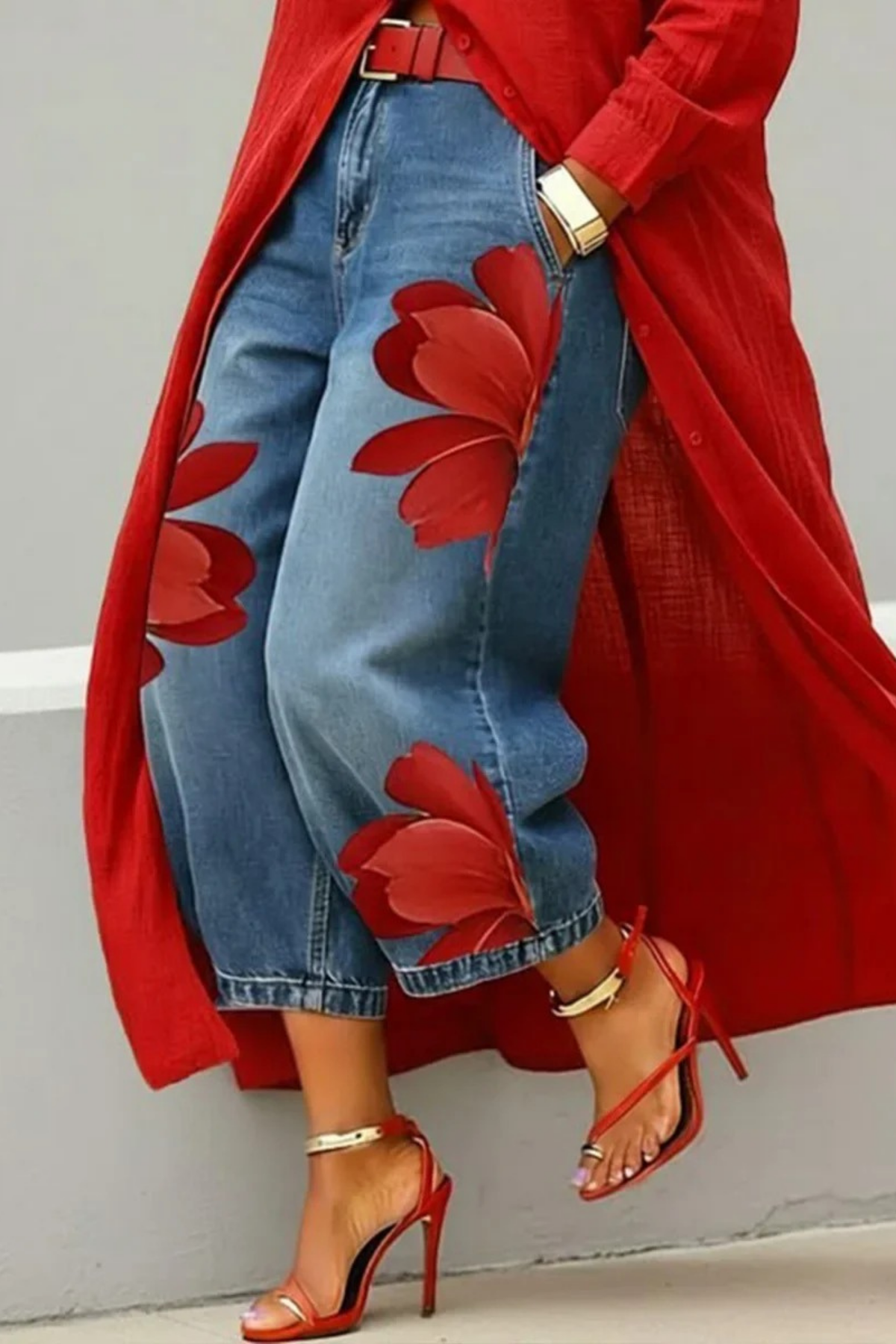 Shirt Dress and Floral Jeans Set