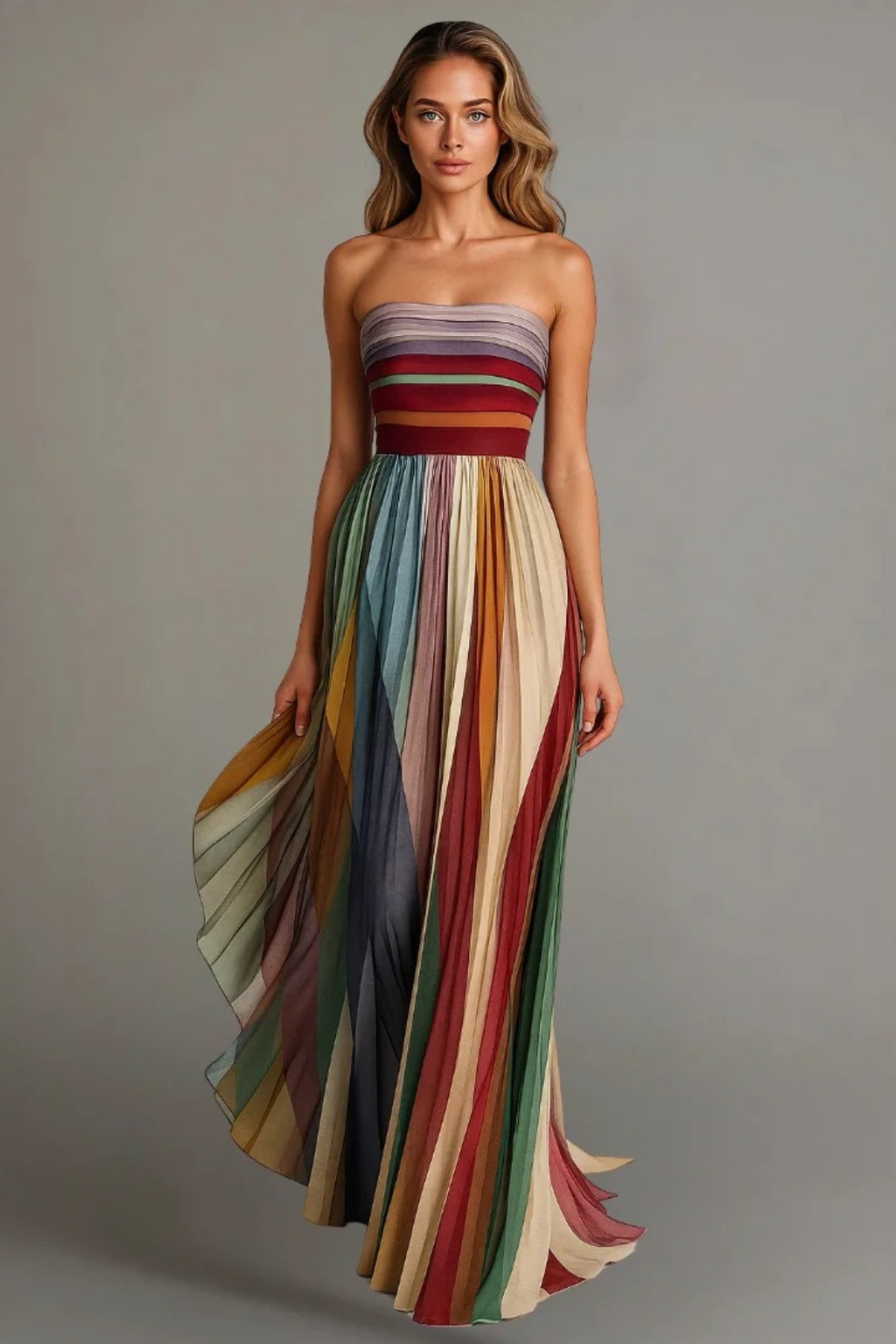 Strapless Pleated Maxi Dress Elegant Feminine Style