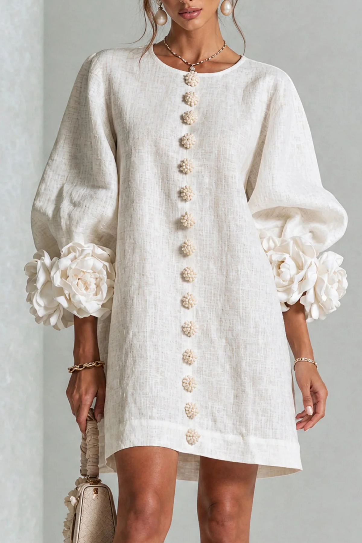Button Detail Mini Dress Statement Sleeve Chic Style