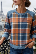 Women’s Plaid Sweatshirt Denim Trim Casual Style