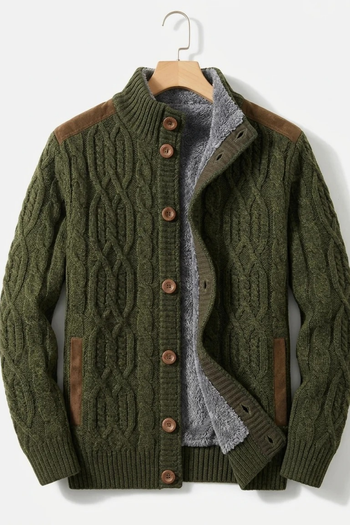 Men’s Cable Knit Cardigan Fleece Lined Classic Style