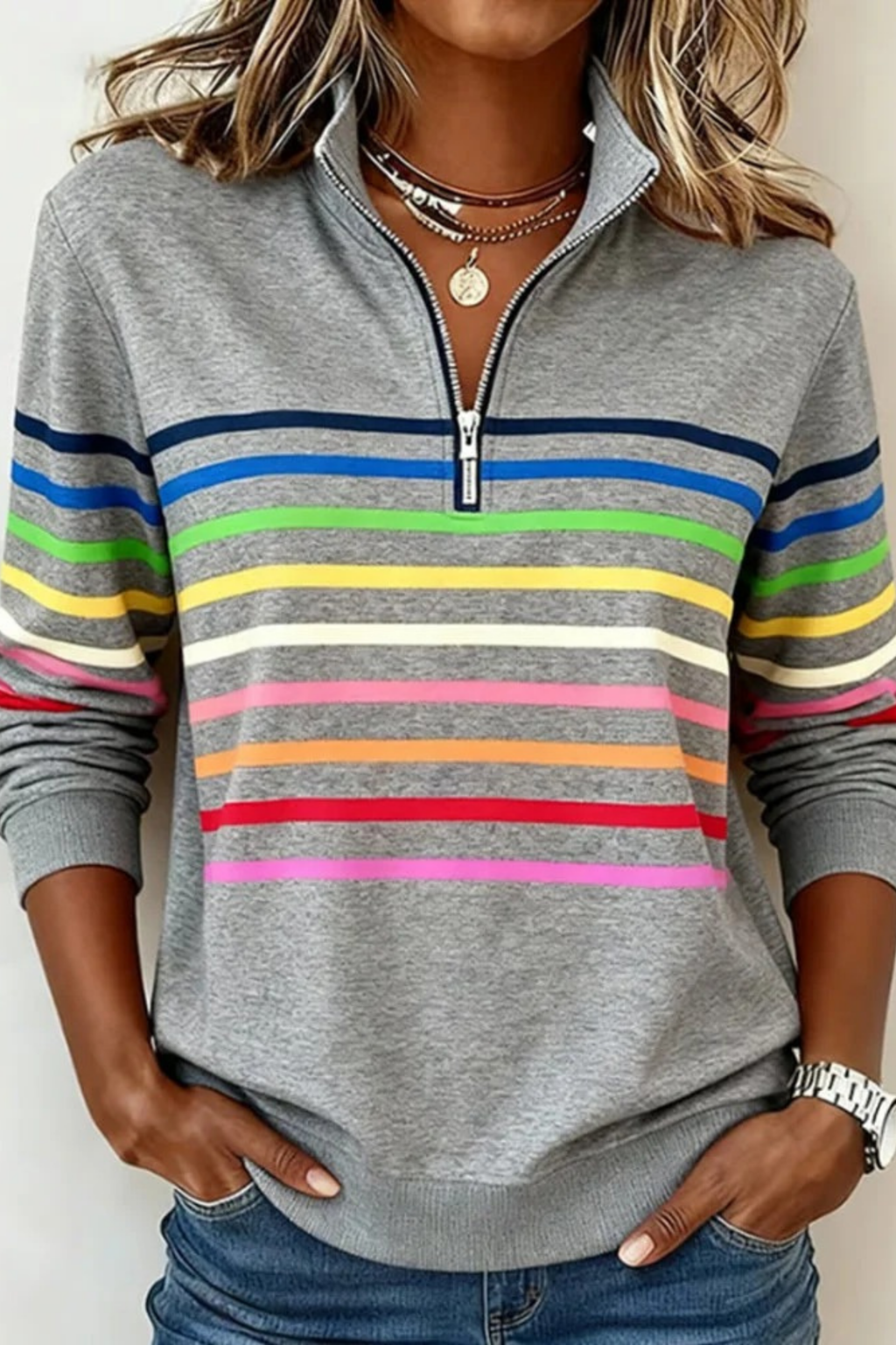 Quarter Zip Sweater Striped Casual Style