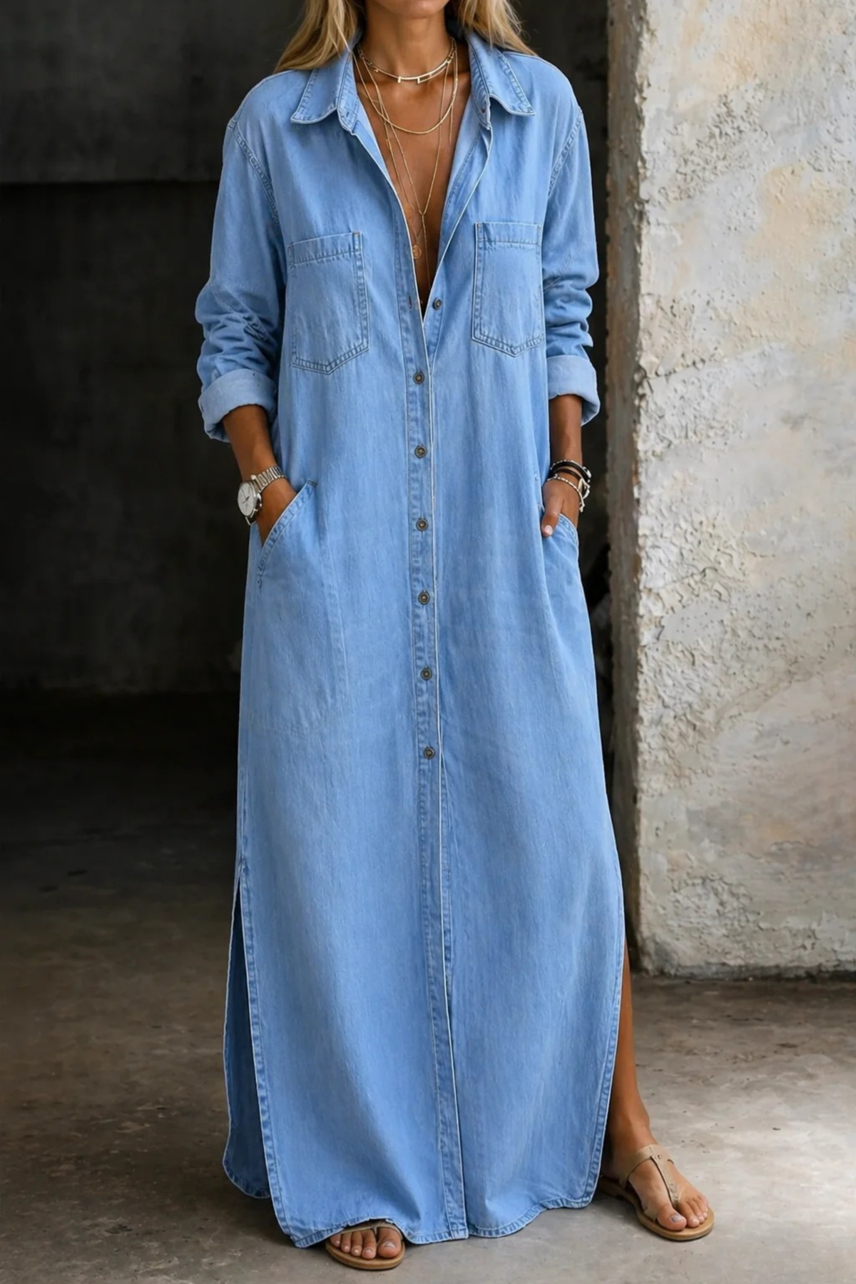Long Denim Jumpsuit Pocket Detail Casual Style