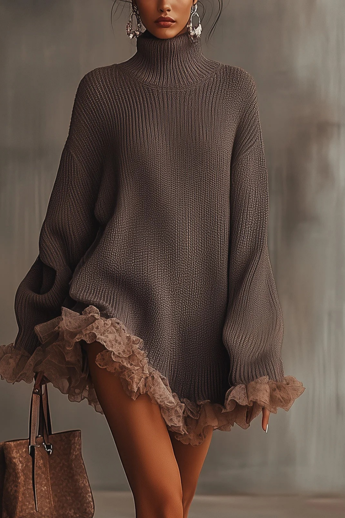Turtleneck Mini Dress Ruffle Hem Elegant Style