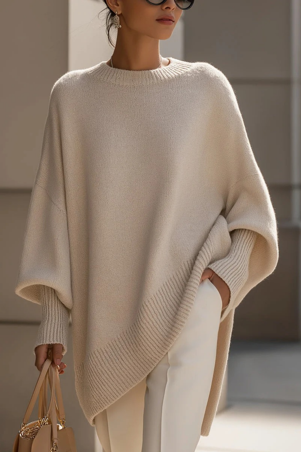 Oversized Knit Sweater Asymmetric Hem Elegant Style