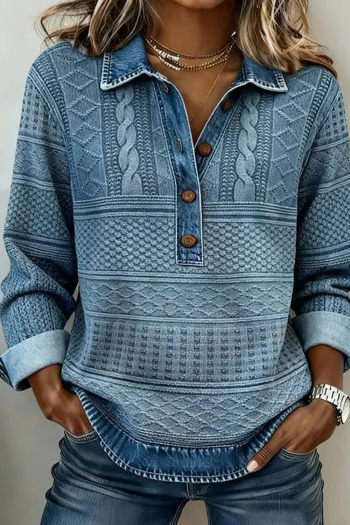 Cable Knit Sweater Button Neck Layered Casual Style