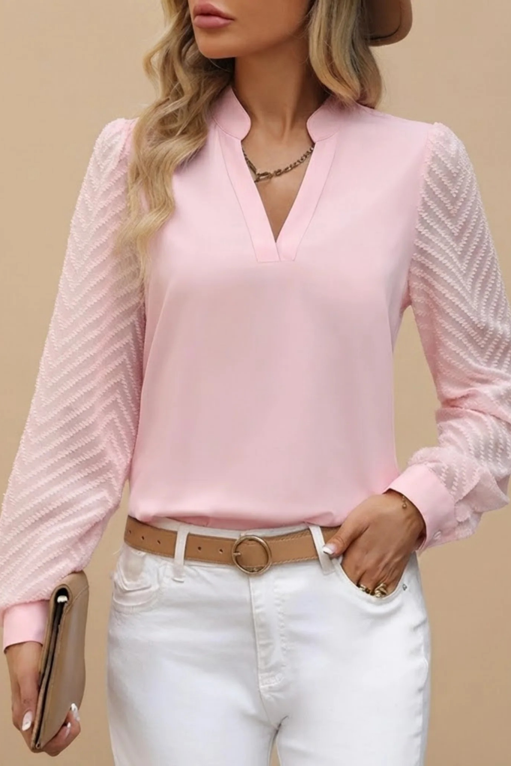 Women’s Blouse V-Neck Textured Sleeve Elegant Style