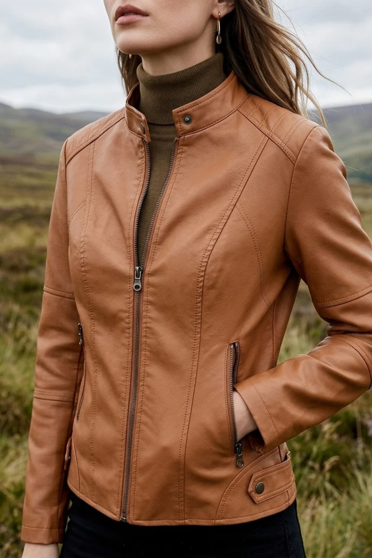 Women’s Leather Jacket Zip Front Classic Style